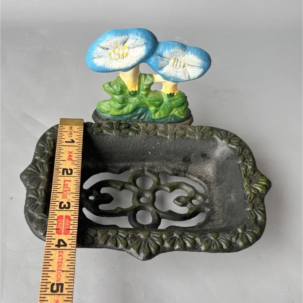 Vintage Cast Iron Soap Dish Blue Morning Glory Flower Hand Painted Rustic Metal